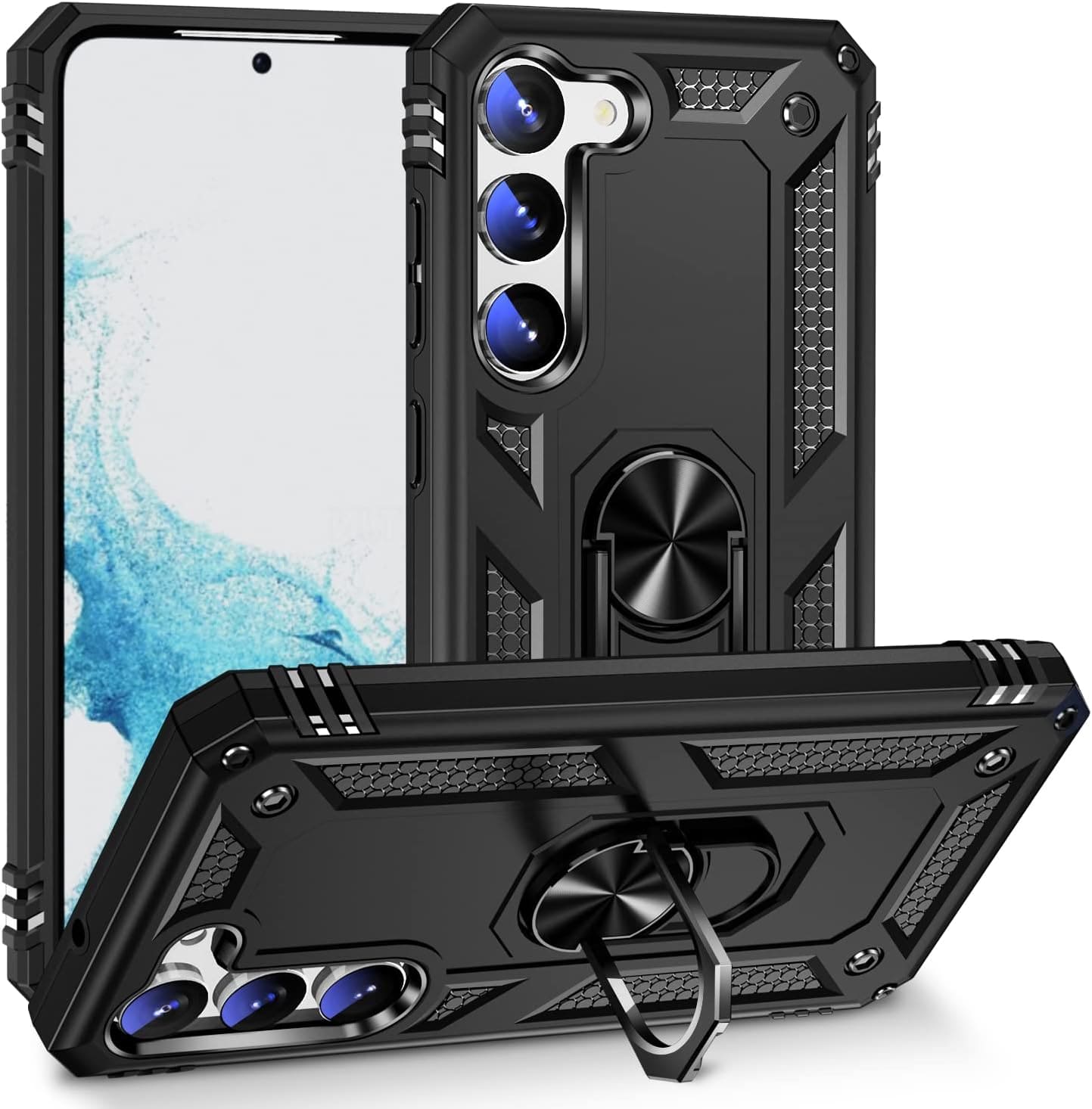 SAHARA - Bundle: Black Kickstand Series with Belt Clip Case with Tempered Glass Screen and Camera Protector - Samsung Galaxy S23