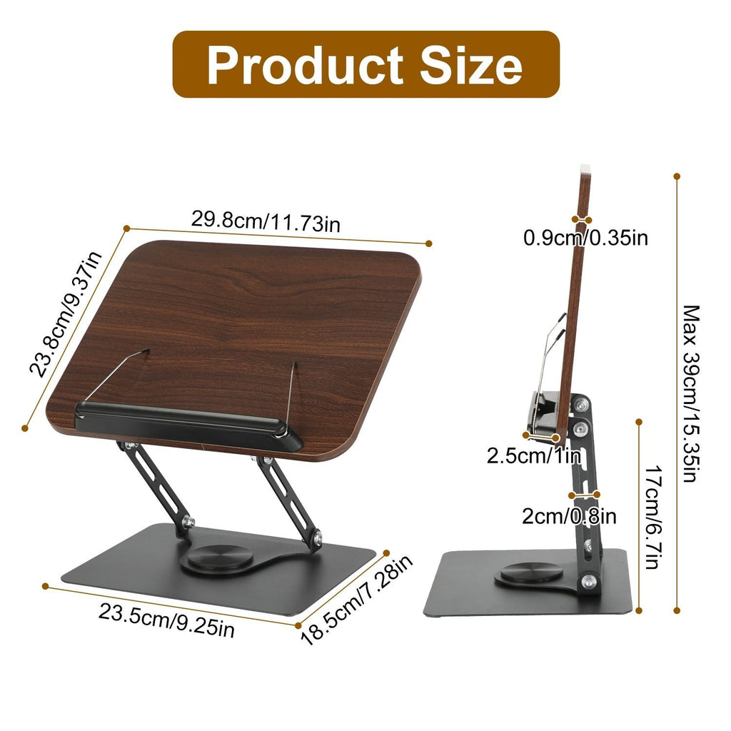 1Pc Book Stand for Reading Foldable Wood Book Holder Reading Rack Paper Stand with Adjustable Height 360° Rotatable Base Dual Paper Clips for Book Sheet Music Laptop Drawing Tablet