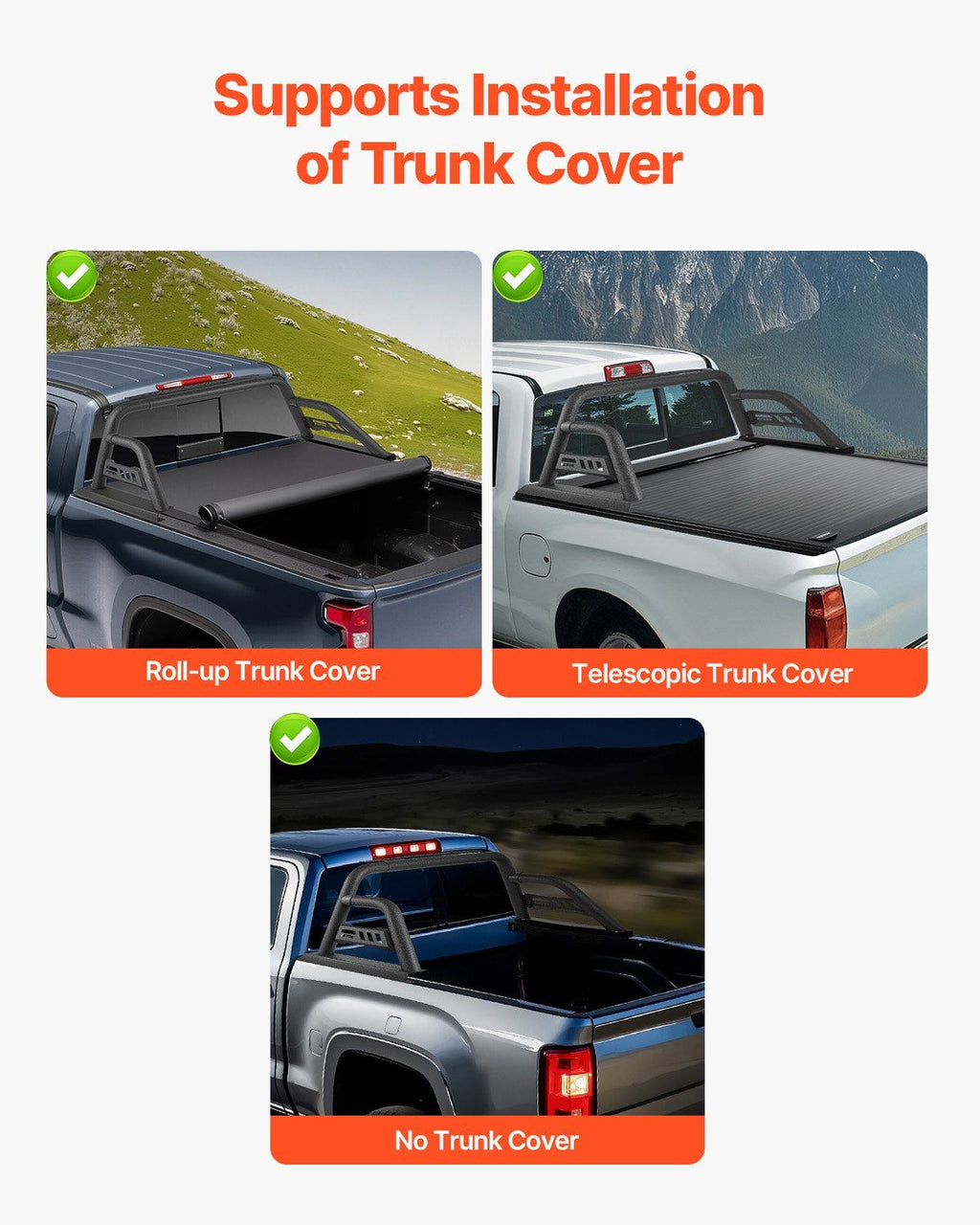 Truck Bed Roll Bar, Universal Pickup Sport Adjustable Bar Chase Rack Compatible with Full-Size Truck, Carbon Steel Construction with Extension Light Bracket, No Light, Rack Included