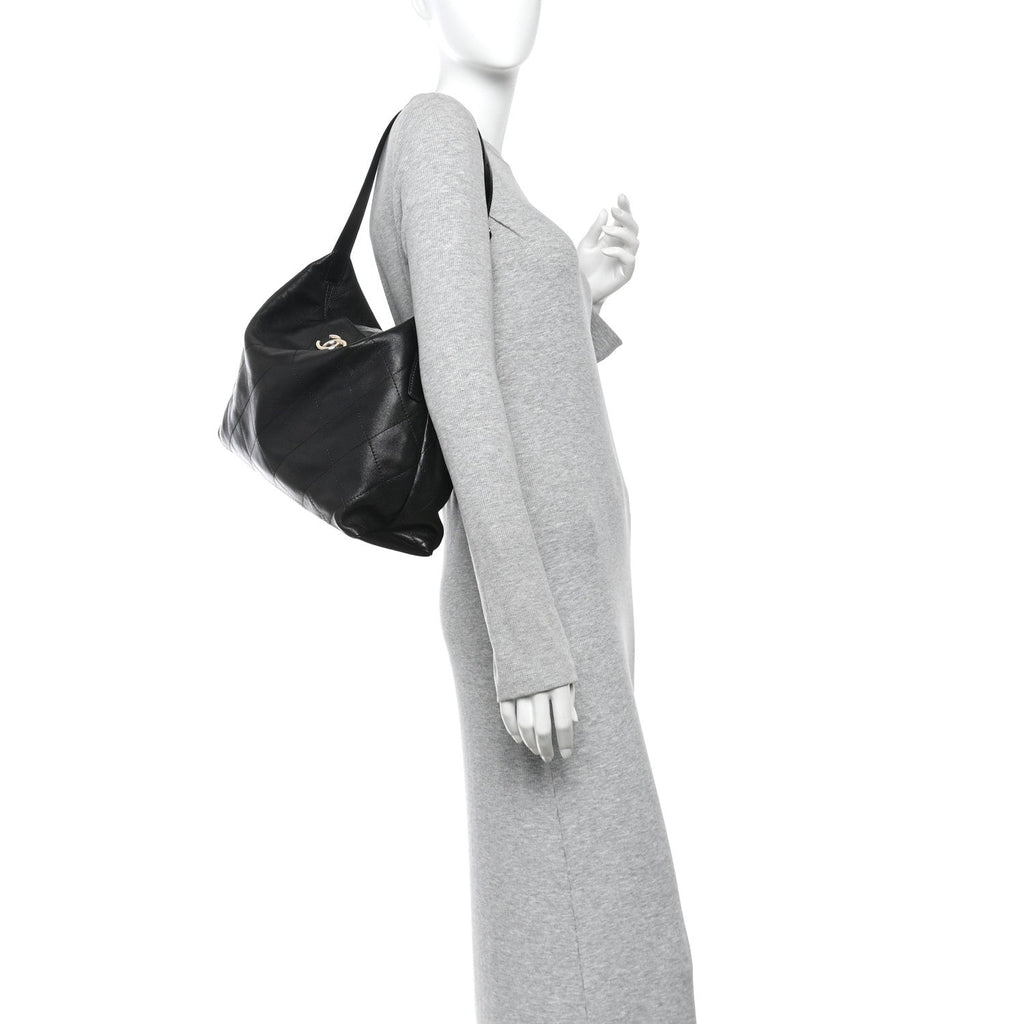 Shiny Lambskin Quilted Maxi Hobo Black