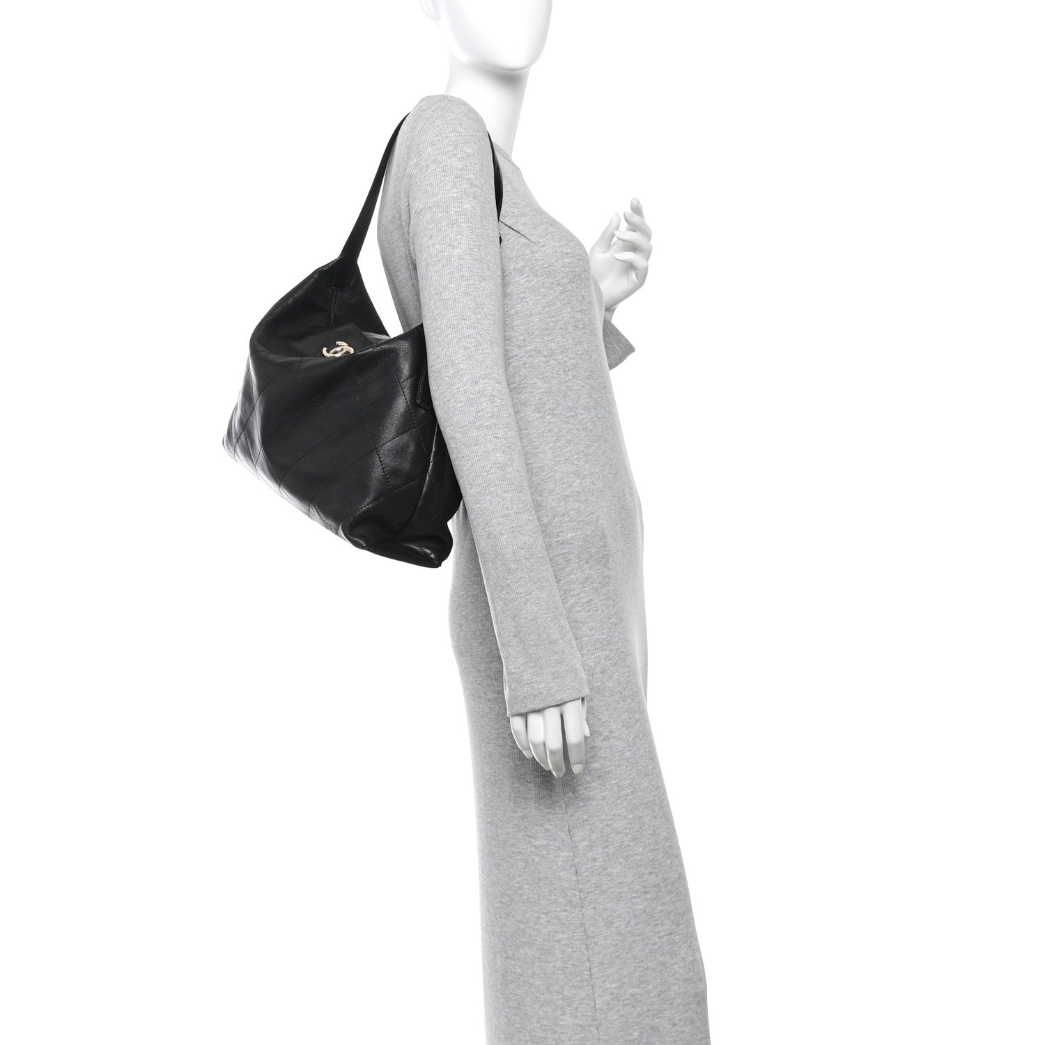 Shiny Lambskin Quilted Maxi Hobo Black