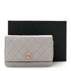 Caviar Quilted Studded CC Wallet On Chain WOC Grey