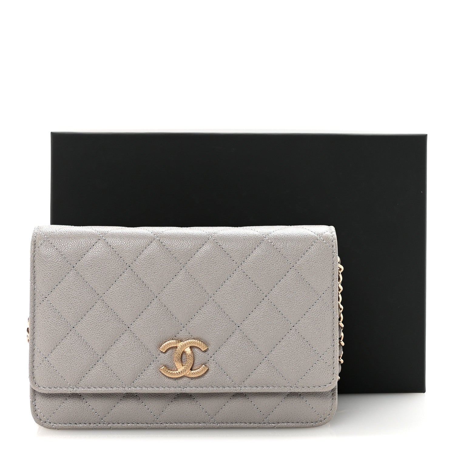 Caviar Quilted Studded CC Wallet On Chain WOC Grey