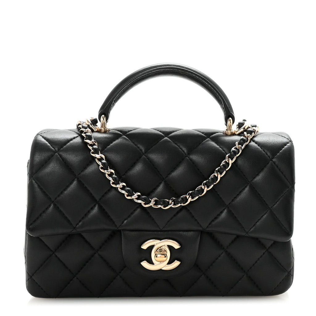 Lambskin Quilted Mini Top Handle Rectangular Flap Black