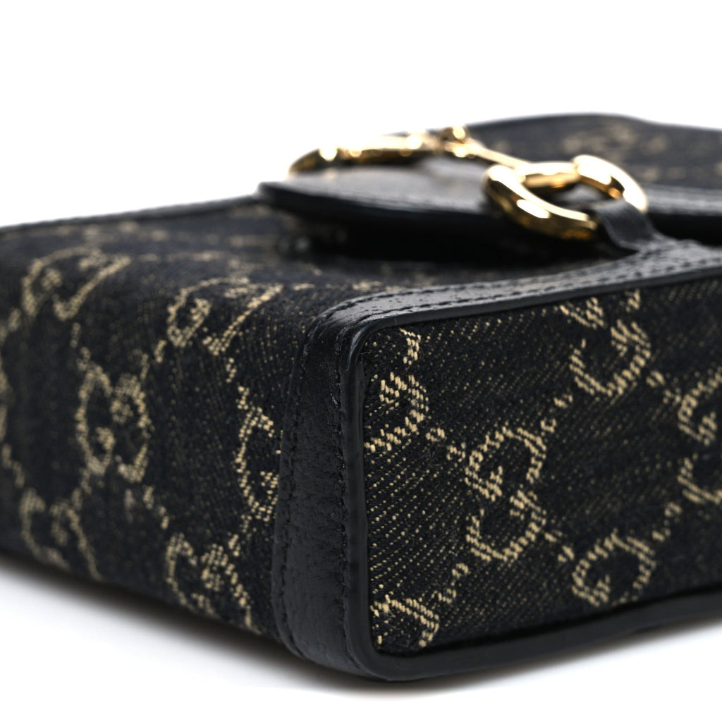 Jacquard Black Denim GG Monogram Textured Dollar Calfskin Mini Horsebit 1955 Crossbody Bag Black Ivory