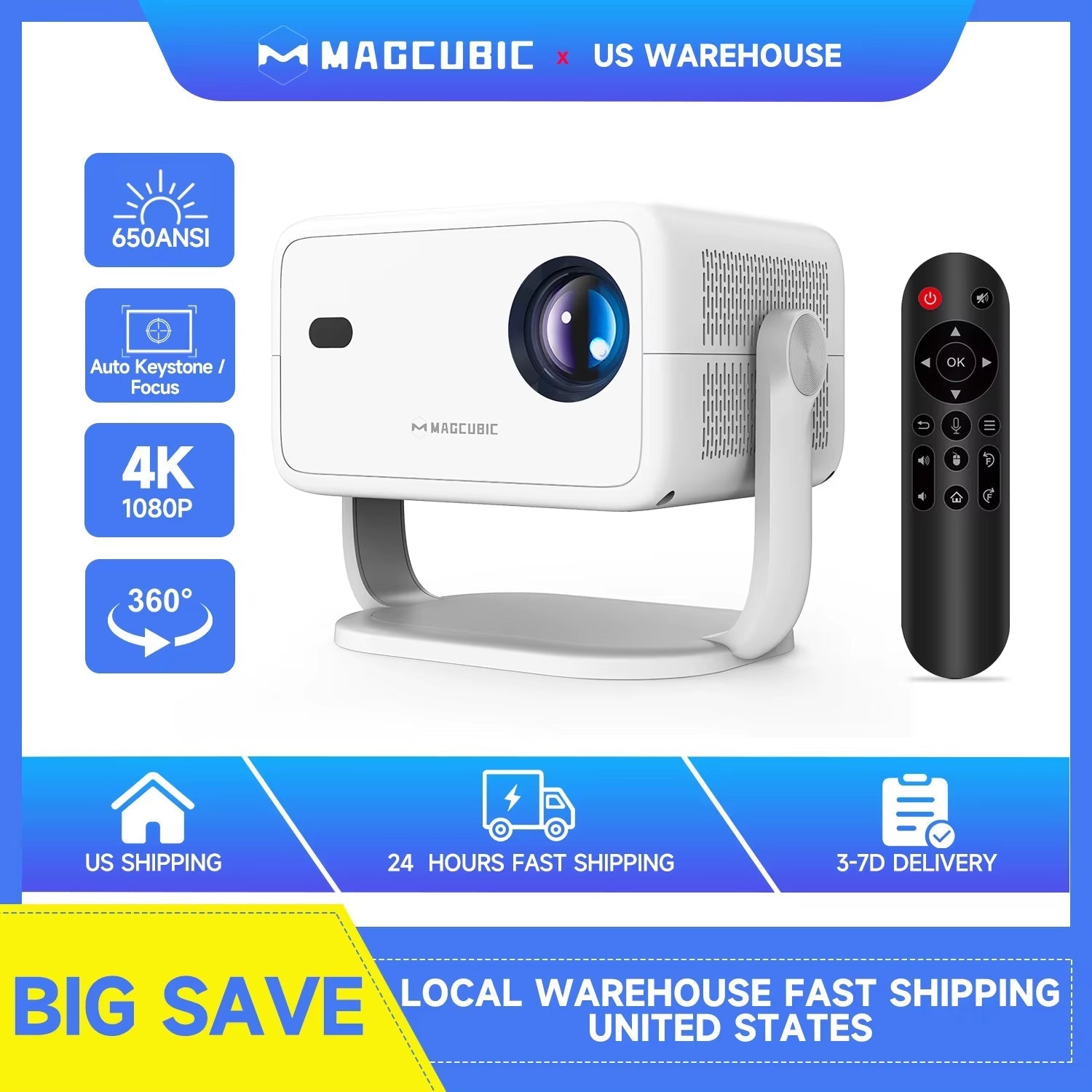 650 ANSI L018 4K Native 1080P Home Cinema Projector with Auto Focus, Keystone Correction, Android 11, WiFi 6, Portable Design for Outdoor Use