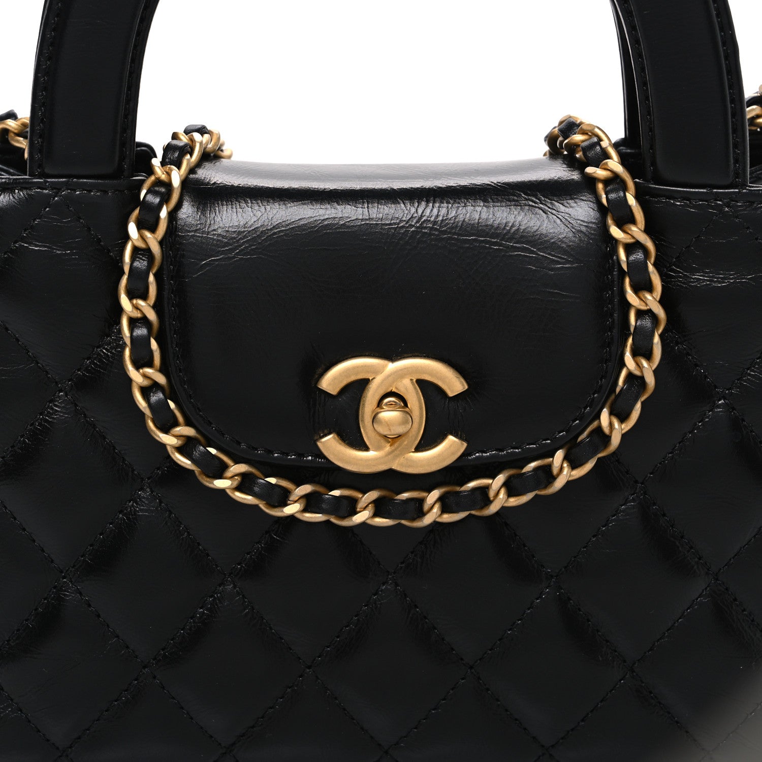 Shiny Aged Calfskin Quilted Nano Kelly Shopper Black