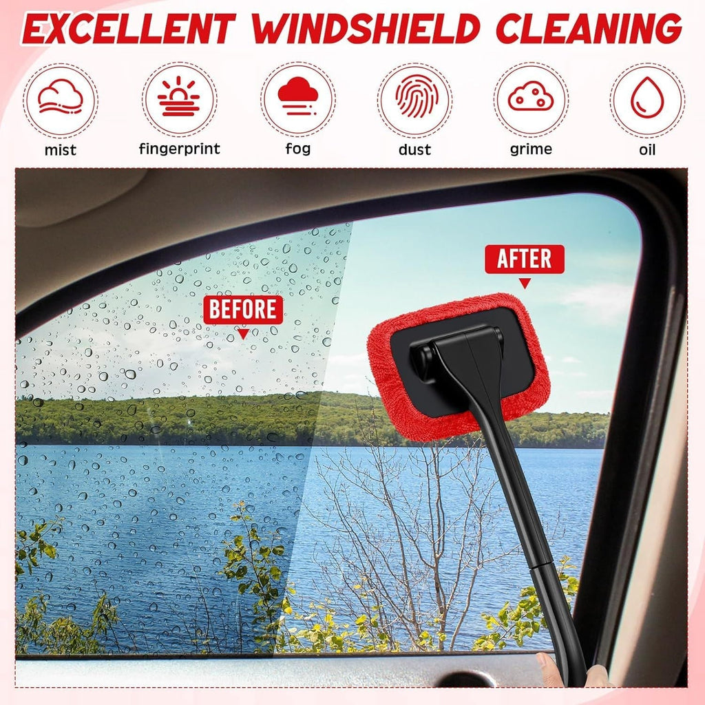 8 Pcs Car Windshield Cleaner Tool Kit with Extendable Handle, Microfiber Towel Pads, Brush, Empty Spray Bottle for Auto Glass Wiper Suvs Rvs & Home Windows(Red)