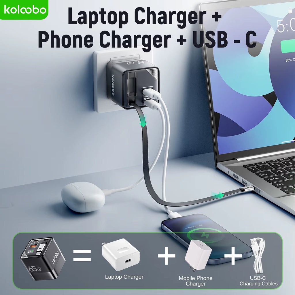 65W GaN Fast Charger with Three Ports and Integrated 80cm Retractable Type-C Cable for iPhone 16/15/14/13 Pro Max, Xiaomi, and Samsung Devices