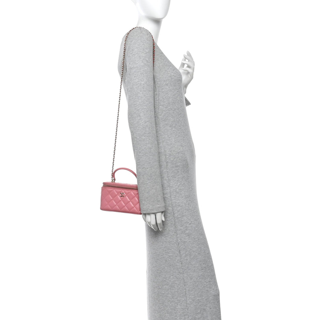 Lambskin Quilted Small Top Handle Vanity Case With Chain Pink