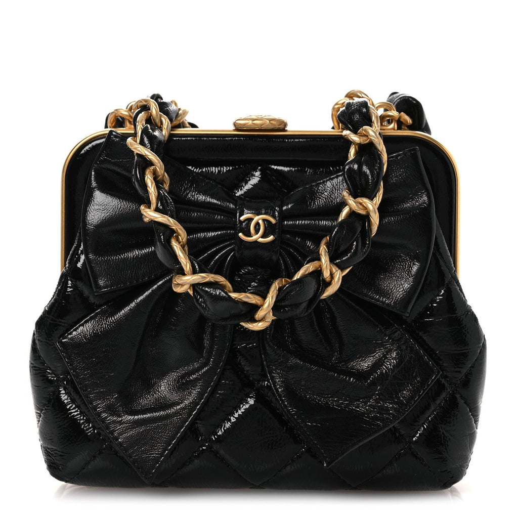 Patent Crumpled Lambskin Quilted Maxi Bow Clutch With Chain Black