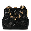 Patent Crumpled Lambskin Quilted Maxi Bow Clutch With Chain Black