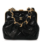 Patent Crumpled Lambskin Quilted Maxi Bow Clutch With Chain Black