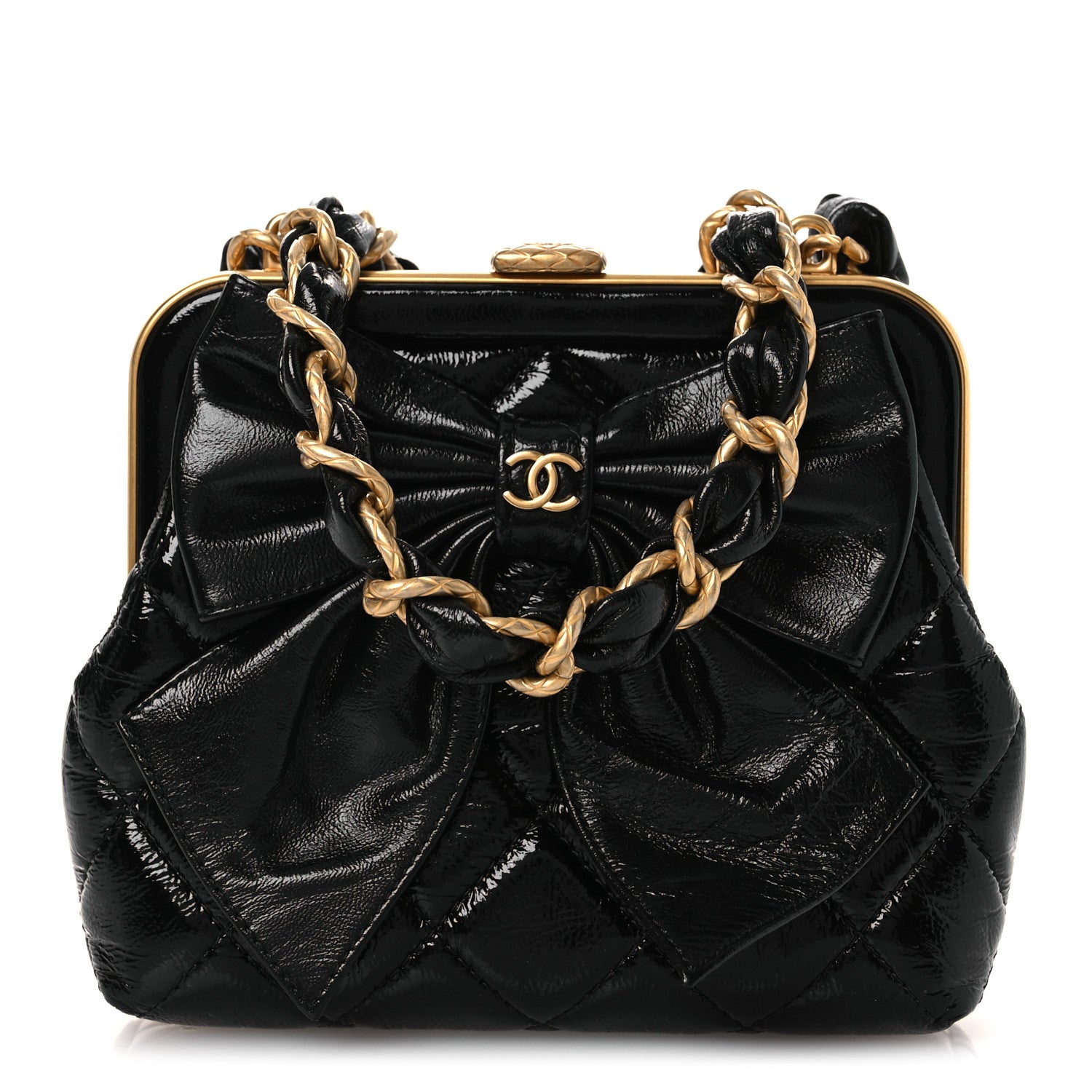 Patent Crumpled Lambskin Quilted Maxi Bow Clutch With Chain Black