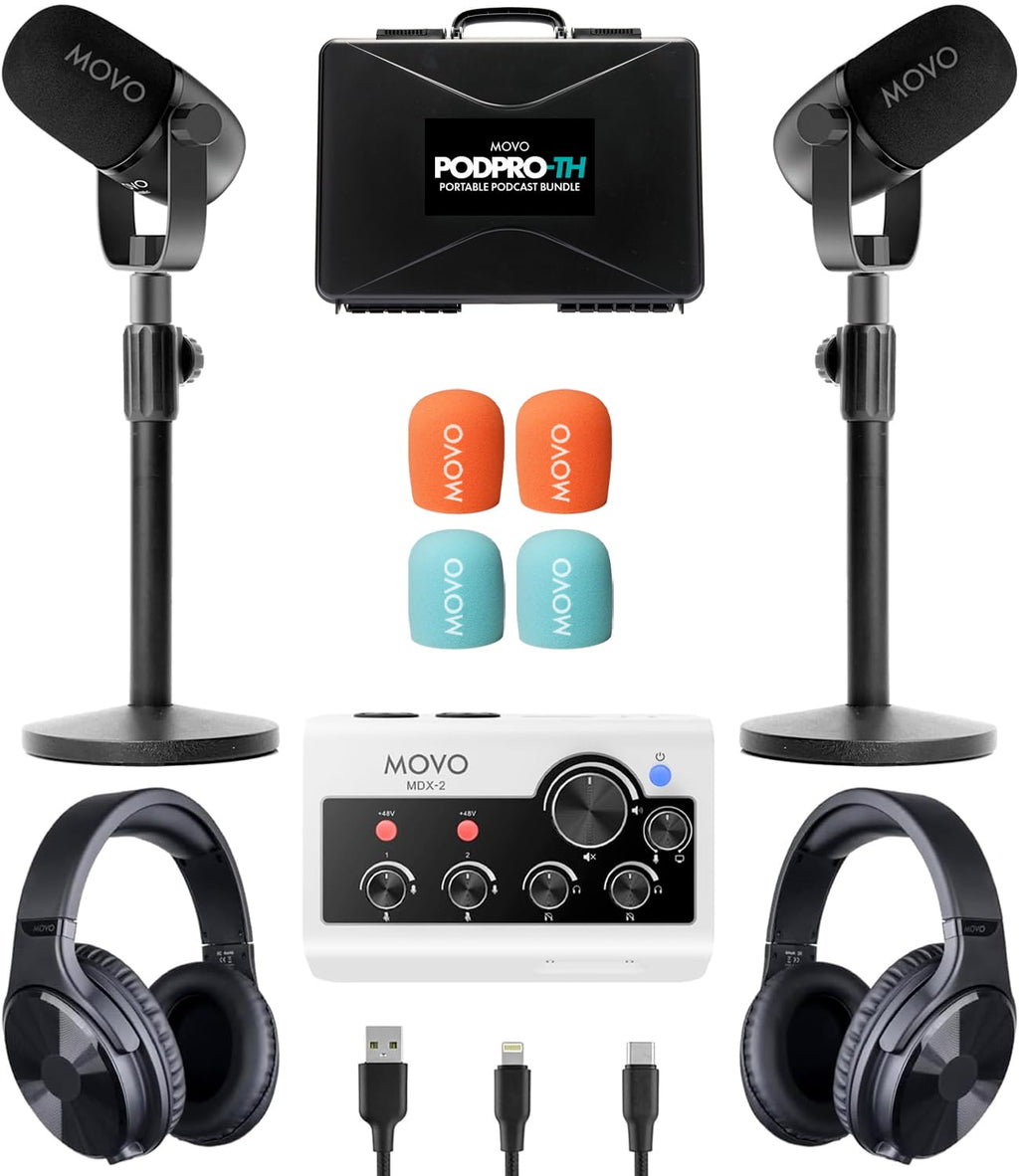 Movo PodPro-TH Portable Podcasting Bundle for 2 for Smartphones and Computers