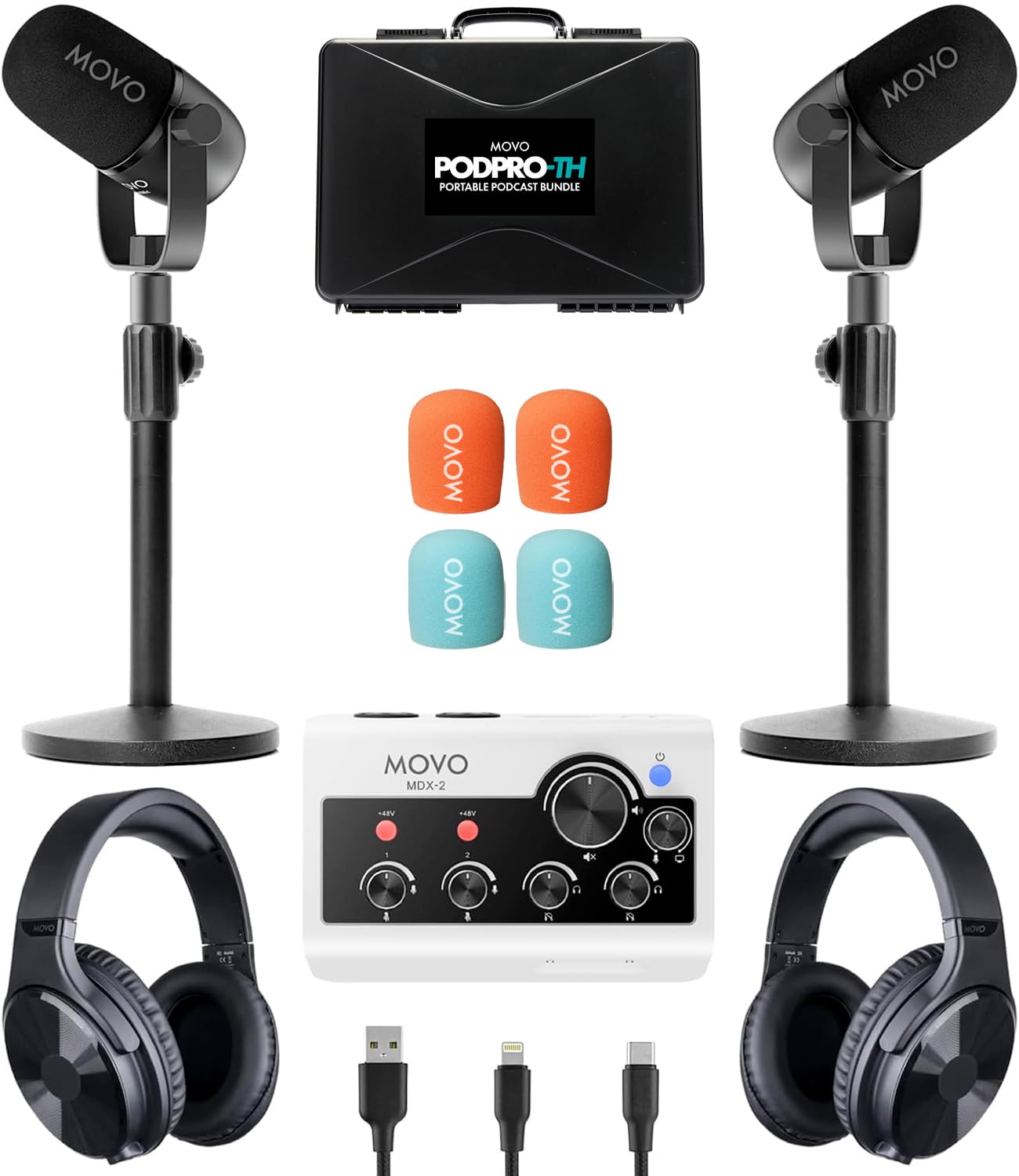 Movo PodPro-TH Portable Podcasting Bundle for 2 for Smartphones and Computers