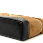 Suede Calfskin Shiny Lambskin Stitched Top Handle Slim Vanity With Chain Beige Black