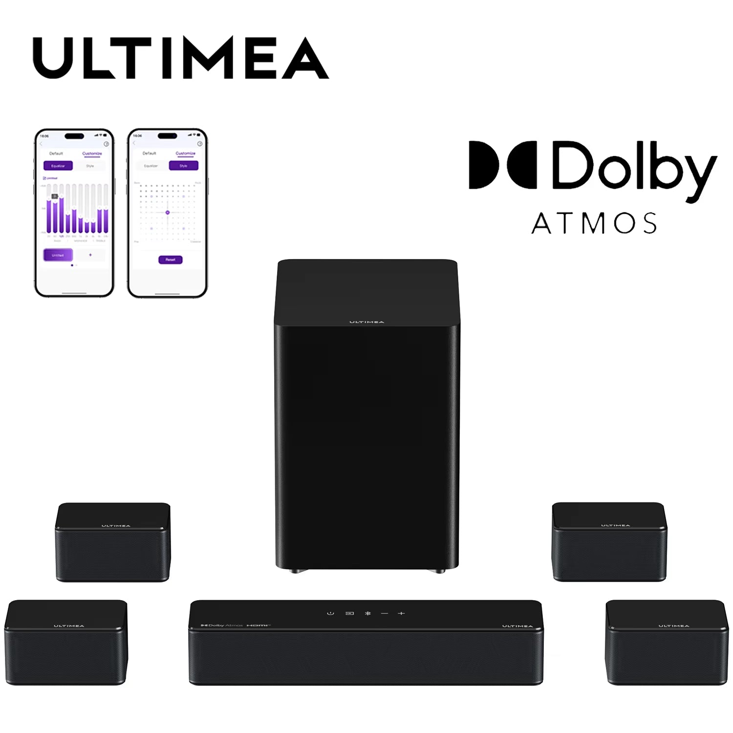 500W 7.1 Channel Dolby Atmos Soundbar Home Theater System with Wireless Subwoofer and Four Surround Speakers, App-Controlled - D80 Boom