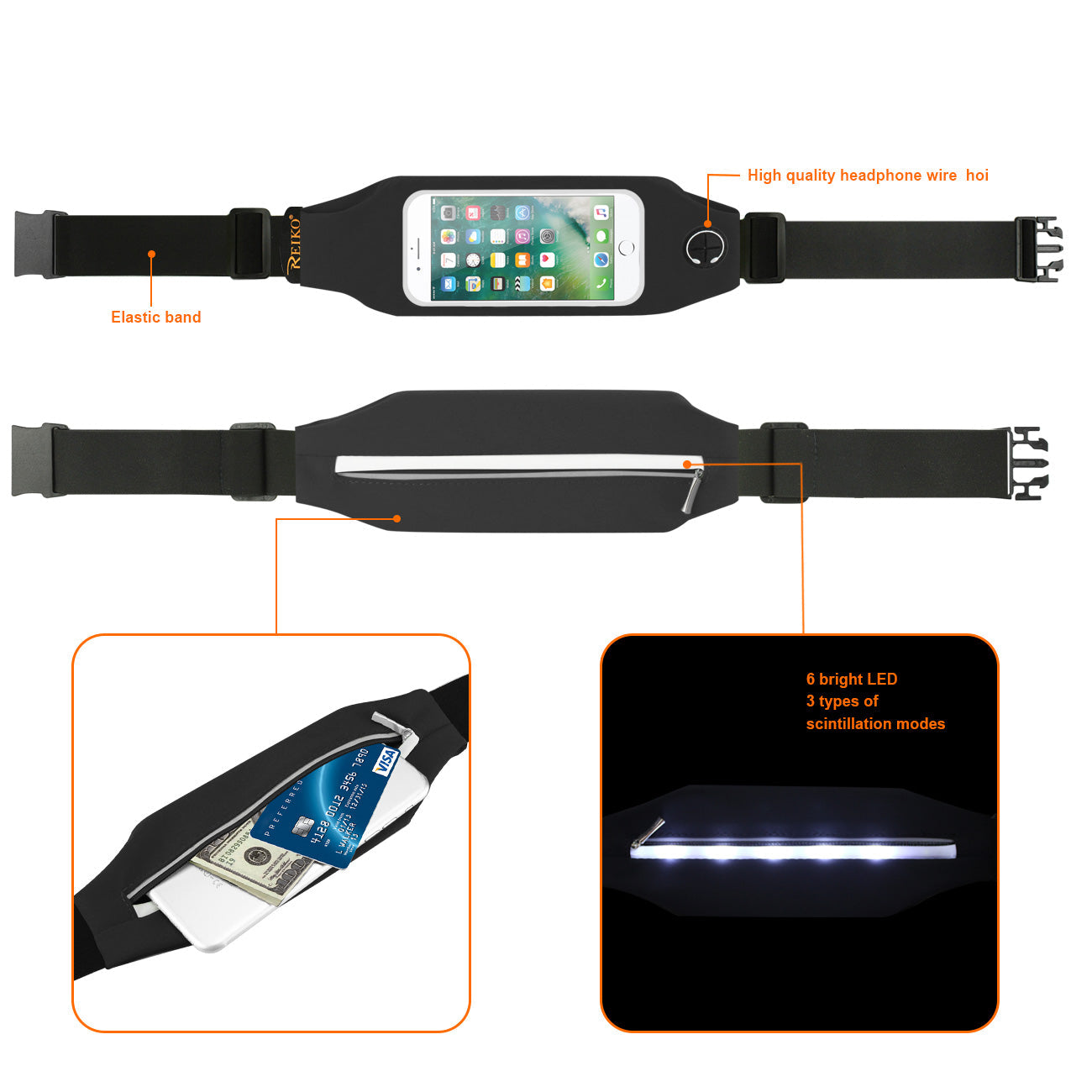 Reiko Running Sport Belt For Iphone 7/ 6/ 6S Or 5 Inches Device With Two Pockets And Led In Black (5X5 Inches)