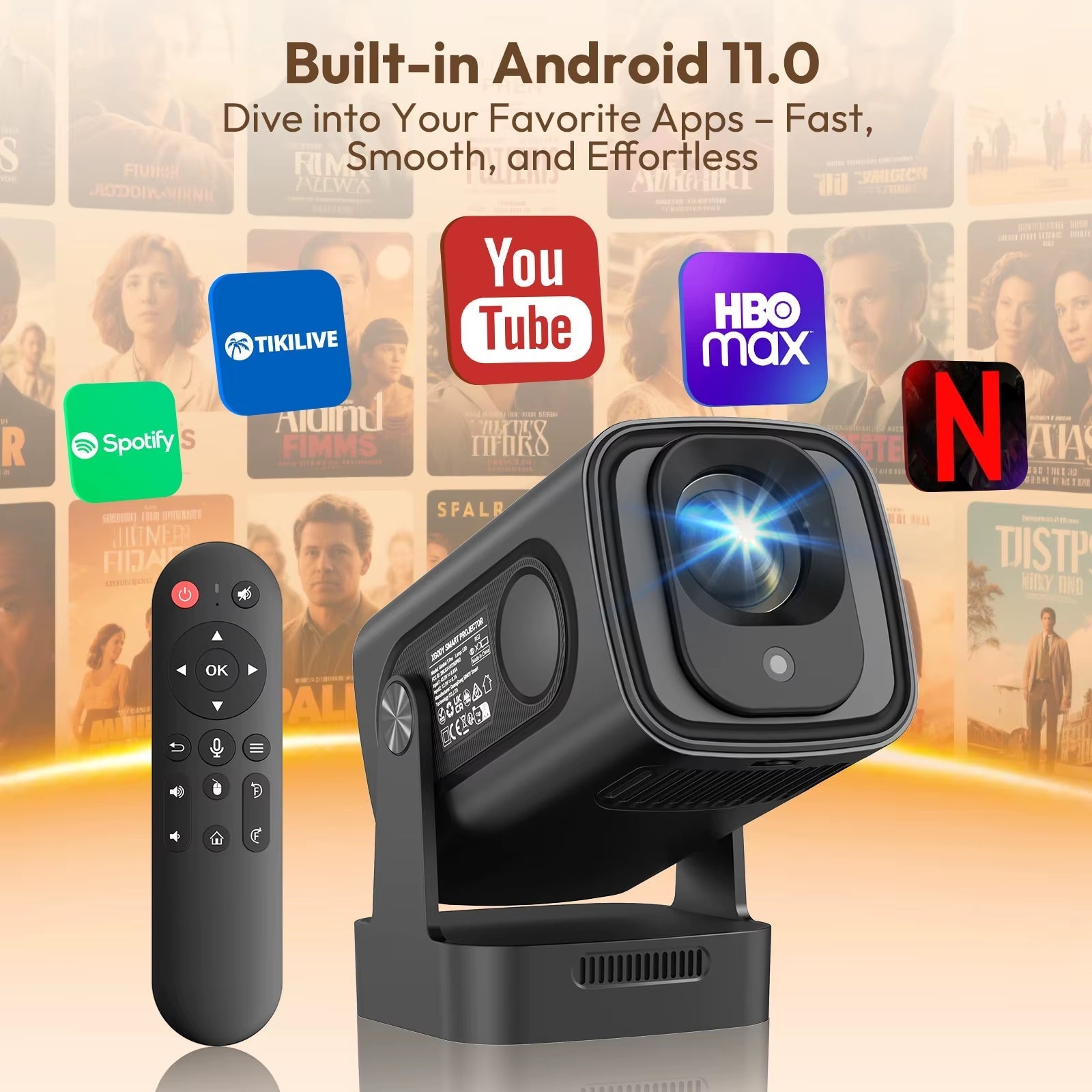 4K HD 300 ANSI Lumens Bluetooth Wifi Projector - 1080P Android Smart Home Theater