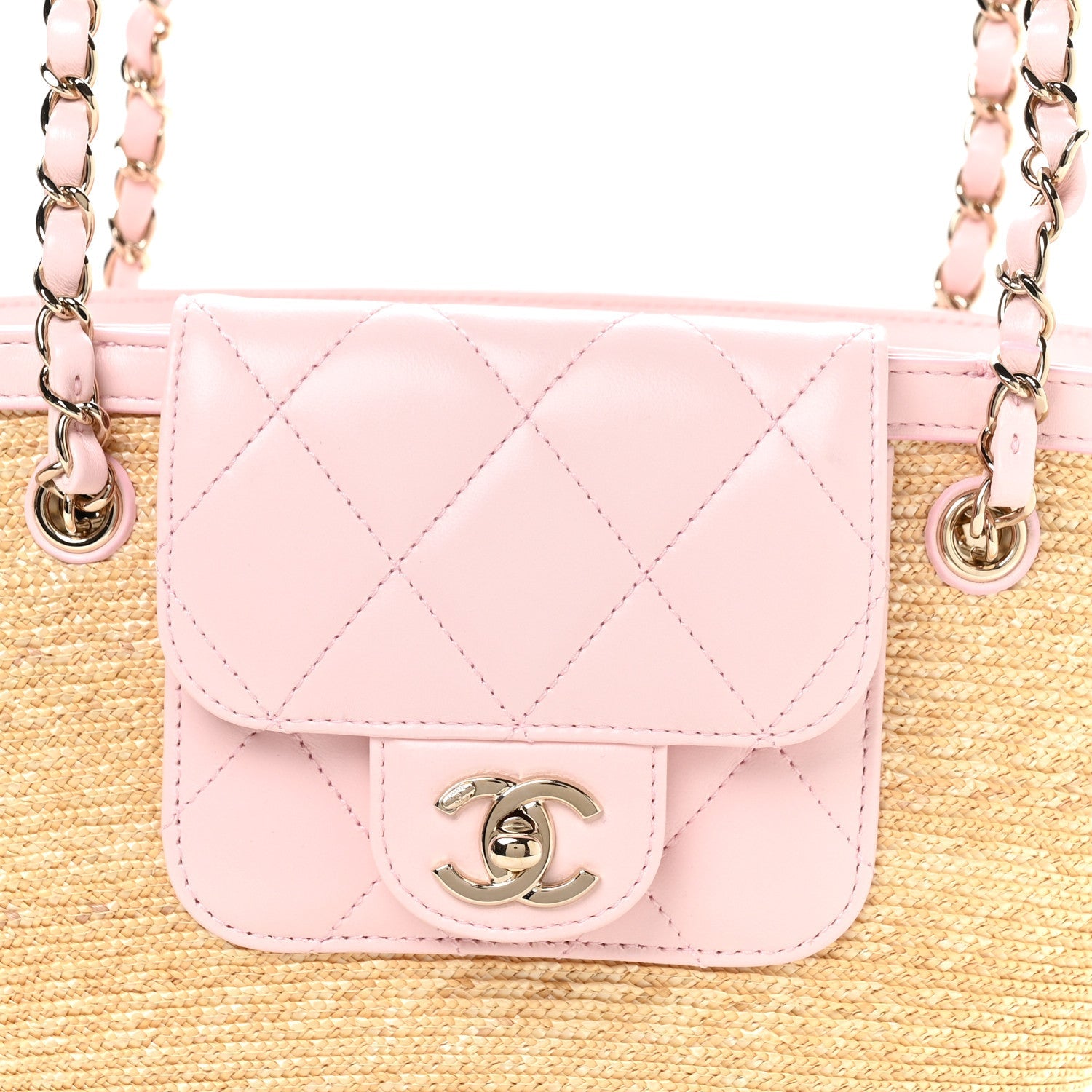 Raffia Braided Lambskin Small Wicker Tote Beige Light Pink