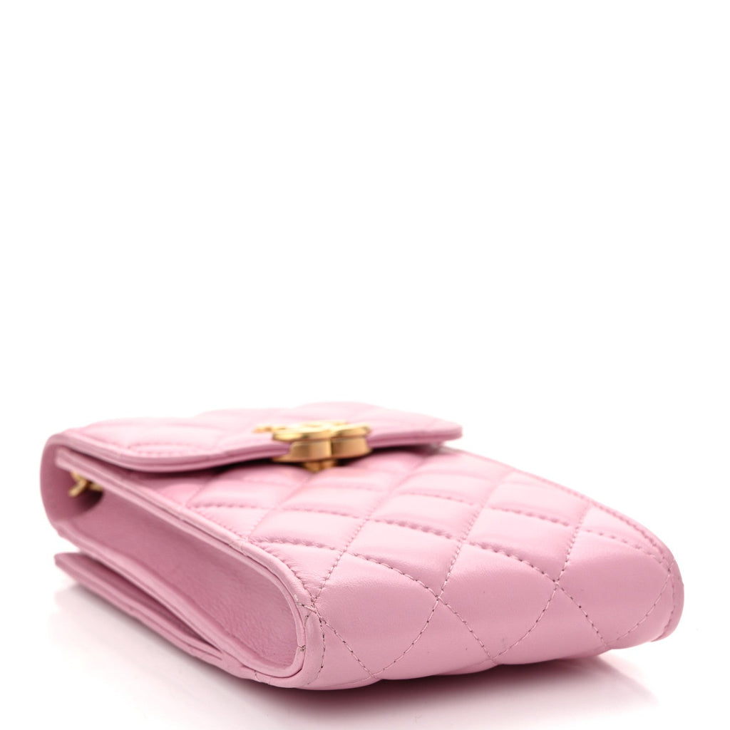 Lambskin Quilted Lacquered Chain Phone Holder With Chain Dark Pink