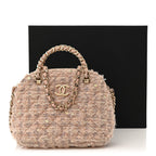 Cotton Wool Tweed Sequin Quilted Shiny Coco Clutch With Chain Light Pink Beige Ecru