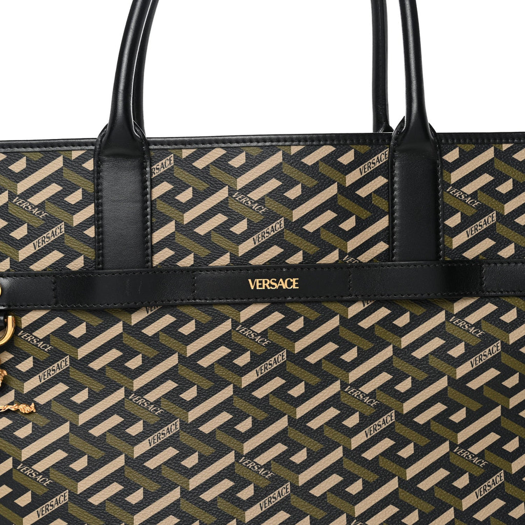 Coated Canvas Calfskin La Greca Signature Tote Bag Black Khaki