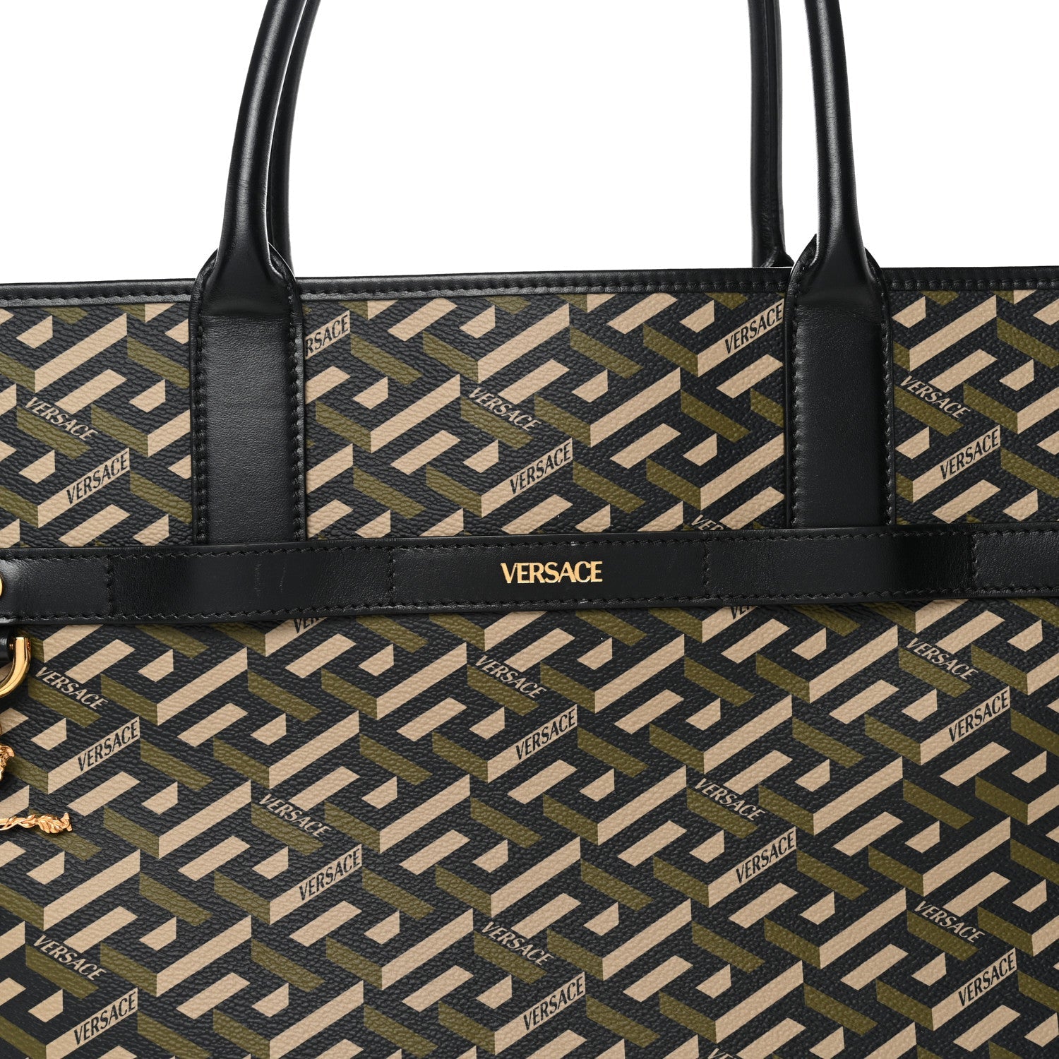 Coated Canvas Calfskin La Greca Signature Tote Bag Black Khaki
