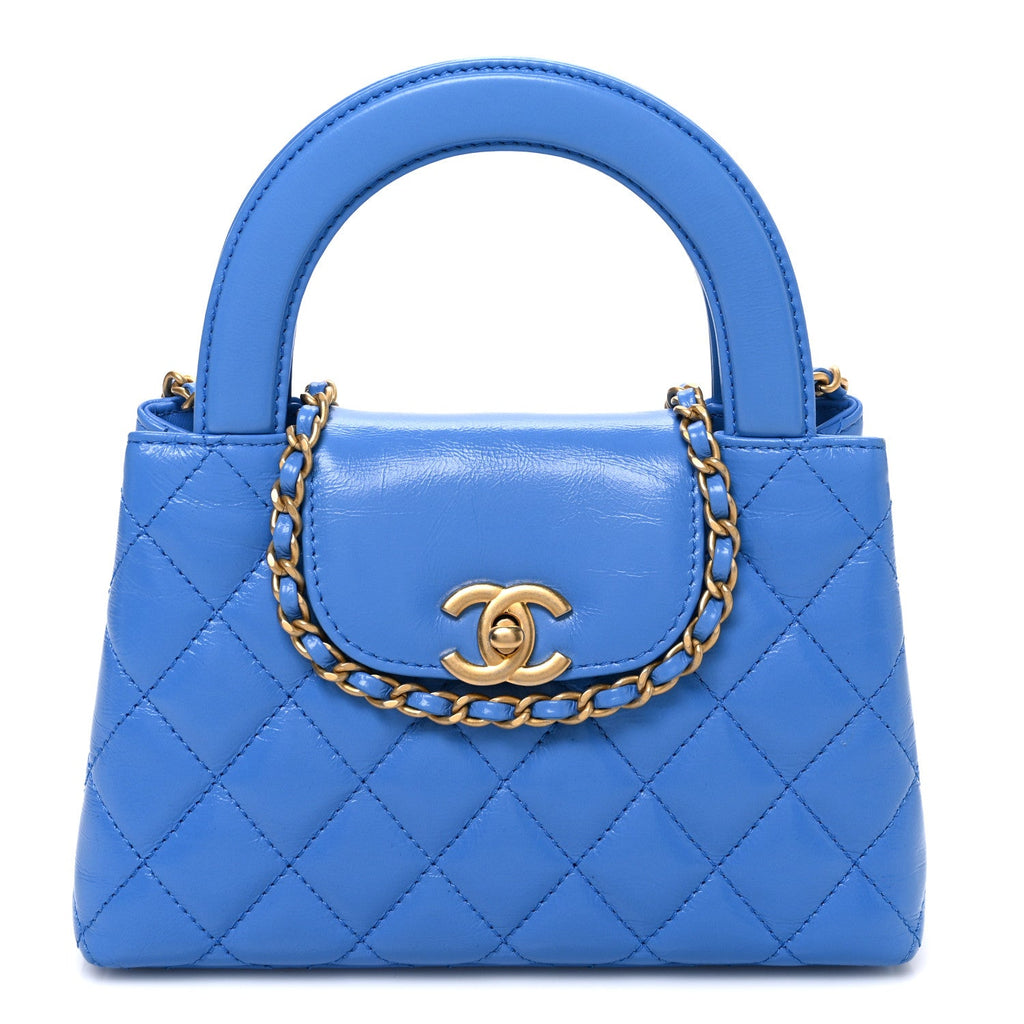 Shiny Aged Calfskin Quilted Nano Kelly Shopper Blue
