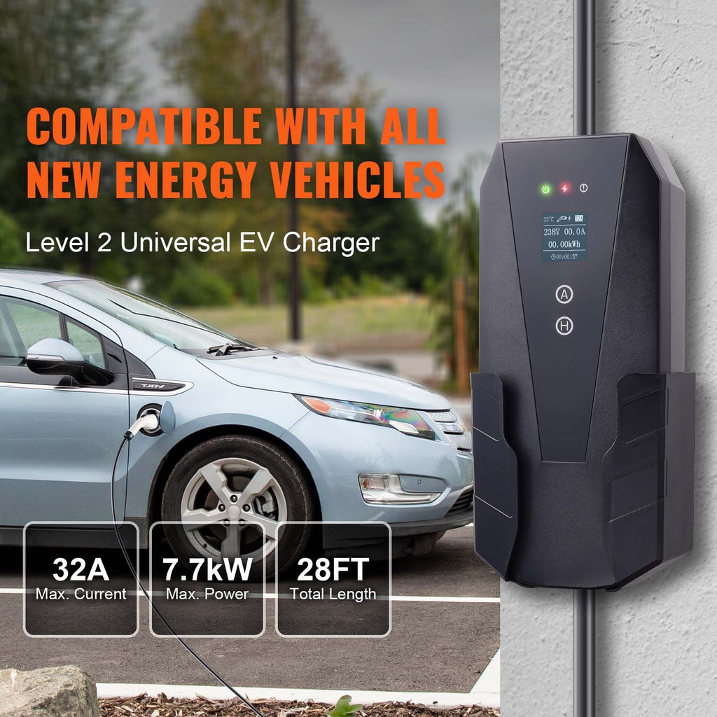 Level 2 Portable EV Charger, 32 Amp 240V, Electric Vehicle Charger with 28 ft Charging Cable NEMA 14-50P Plug, 16/20/24/32A Adjustable Current Plug-in Home EV Charging Station for SAE J1772 EVs