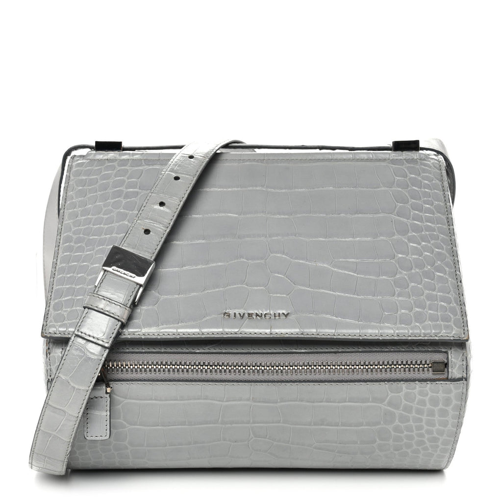Calfskin Crocodile Embossed Medium Pandora Box Crossbody Bag Grey