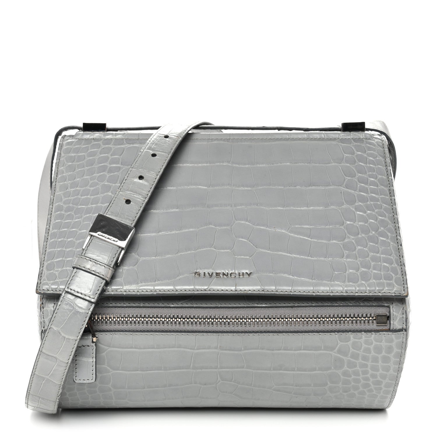 Calfskin Crocodile Embossed Medium Pandora Box Crossbody Bag Grey