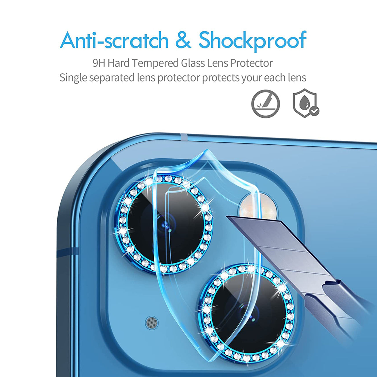 Diamond Camera Lens Protector, Diamond Tempered Glass Camera Cover Screen Protector For Iphone 14 / Iphone 14 Plus In  Blue