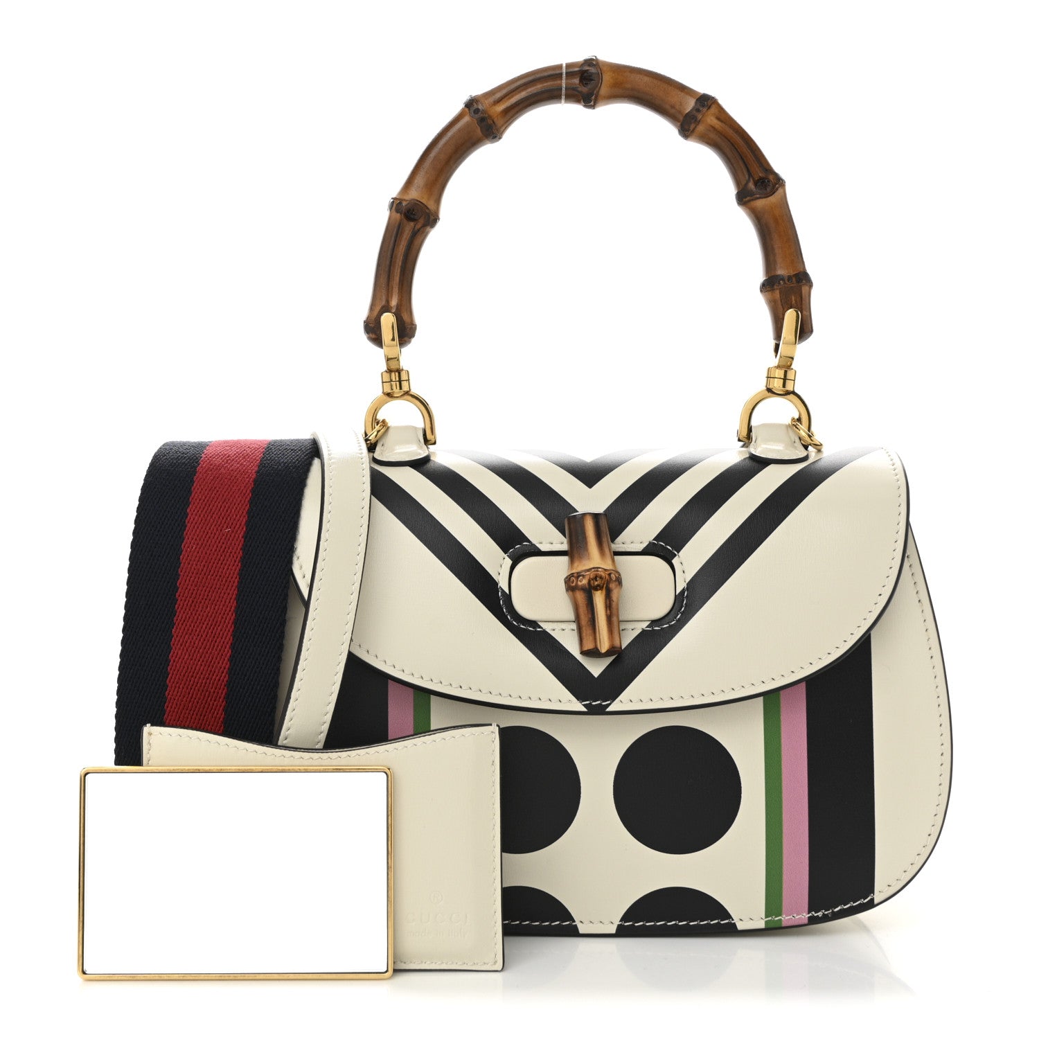 Calfskin Web Geometric Print Small Bamboo 1947 Top Handle Bag White Multi