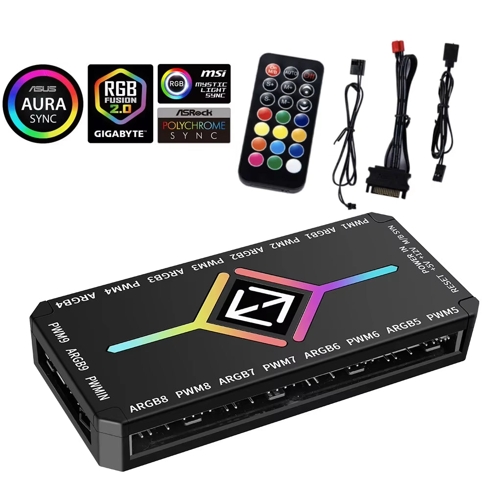 3-in-1 PWM Magnetic ARGB Fan Hub Splitter with Remote Control for PC - Supports Up to 9 Fans and Custom Lighting