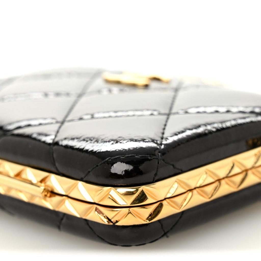 Glazed Goatskin Quilted Small Box With Chain Black