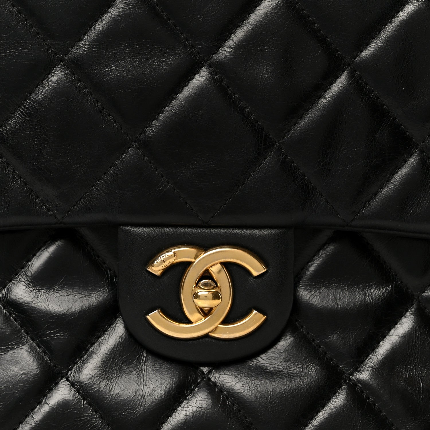 Glazed Calfskin Quilted Large Gold Bar Top Handle Flap Black