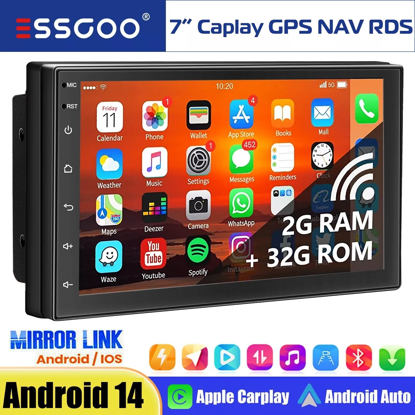 7-Inch Double DIN Android 14 CarPlay Multimedia Video Player with GPS Navigation, Wi-Fi, FM/RDS, and Bluetooth Compatibility - 64gb