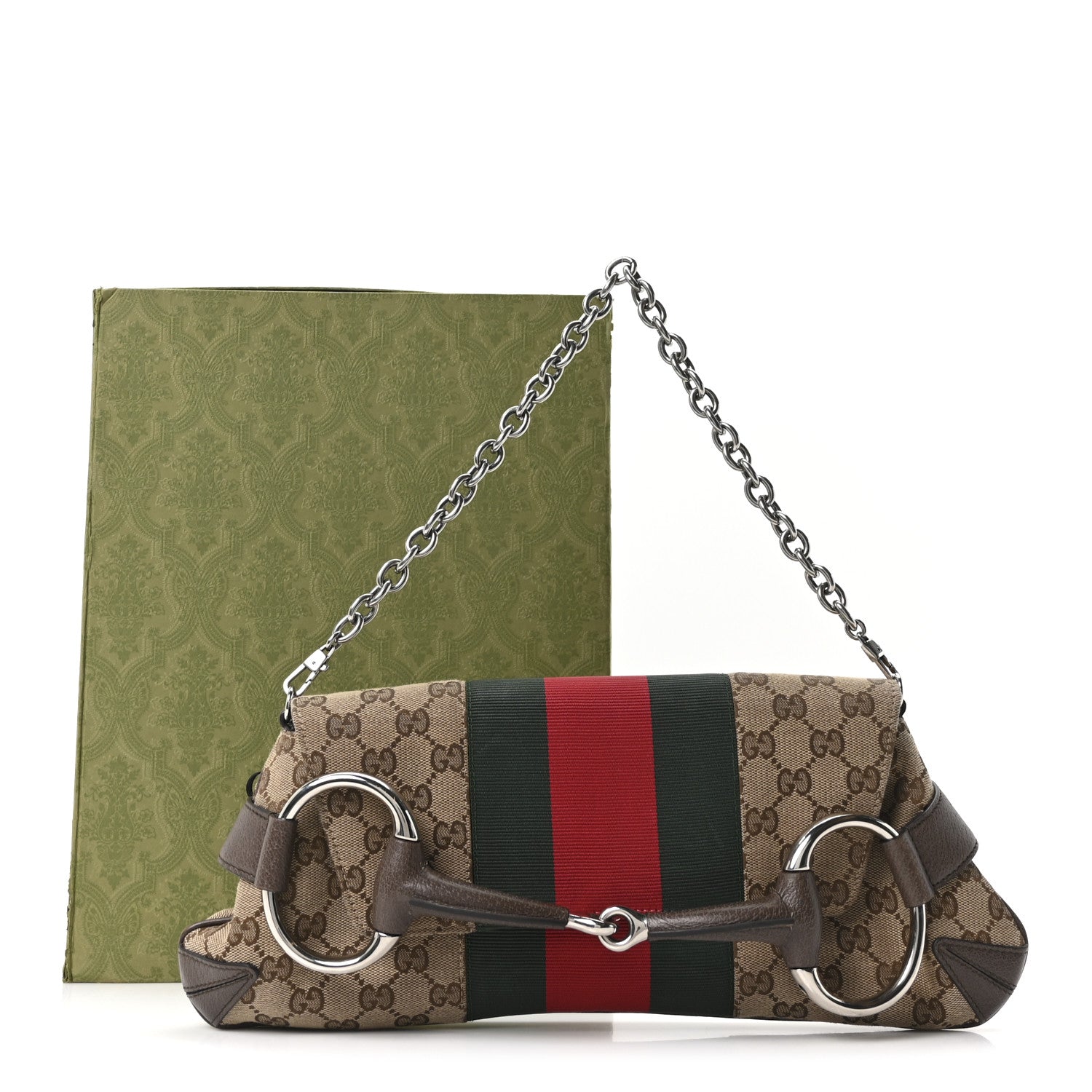 Monogram Textured Dollar Calfskin Heavy Grosgrain Web Medium Maxi Horsebit Chain Shoulder Bag Beige Ebony New Acero