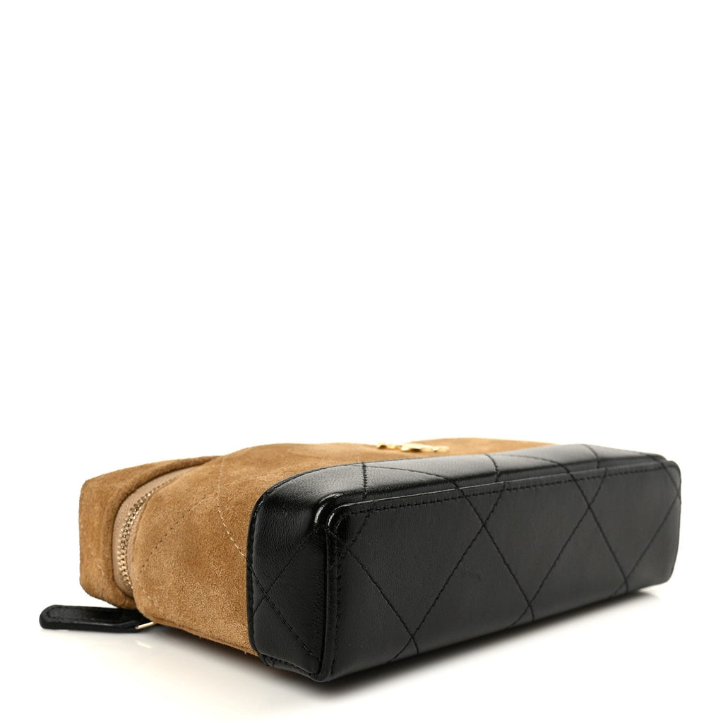 Suede Calfskin Shiny Lambskin Stitched Top Handle Slim Vanity With Chain Beige Black