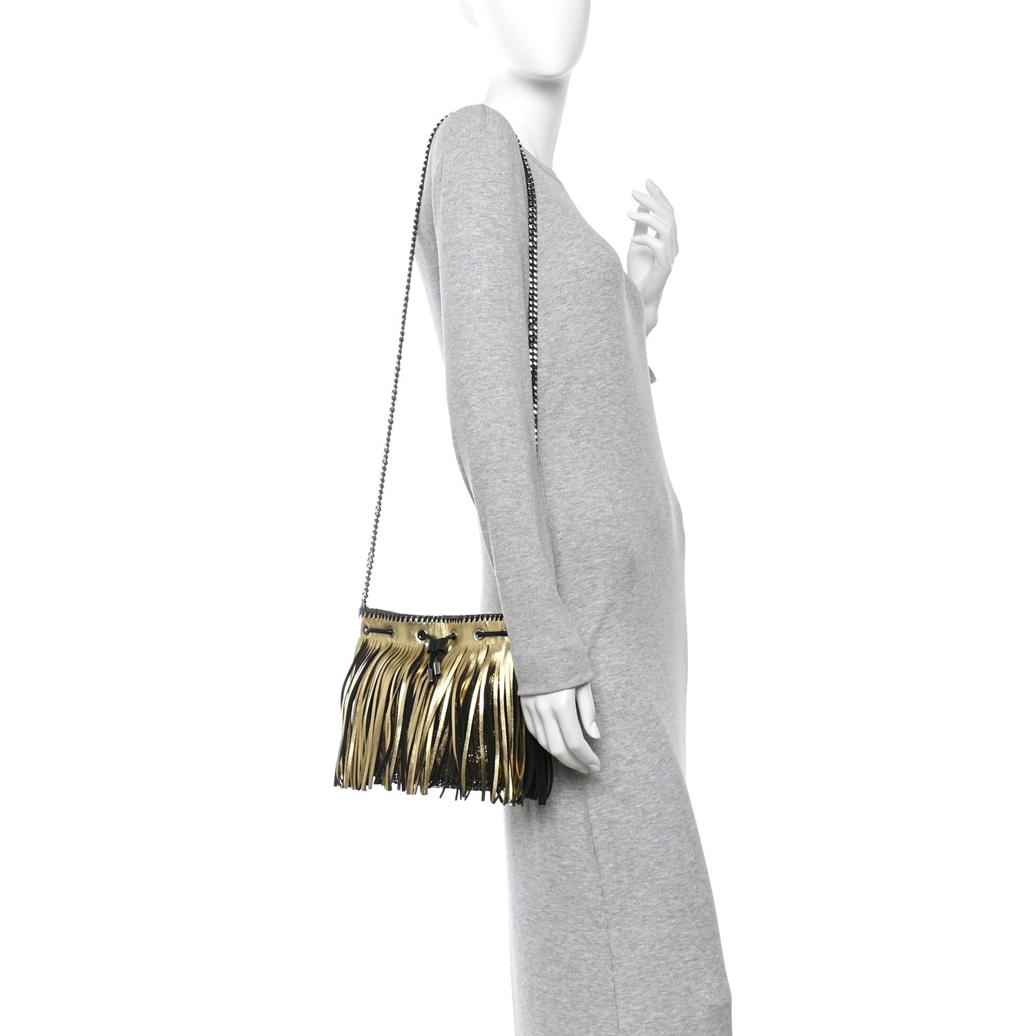Metallic Shaggy Deer Fringe Falabella Bucket Bag Gold Black