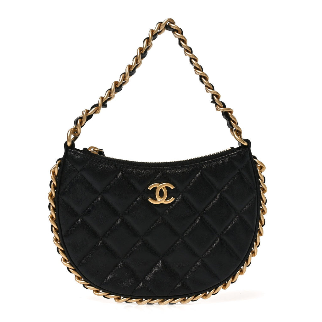Shiny Crumbled Lambskin Quilted Round Small CC Hobo Black