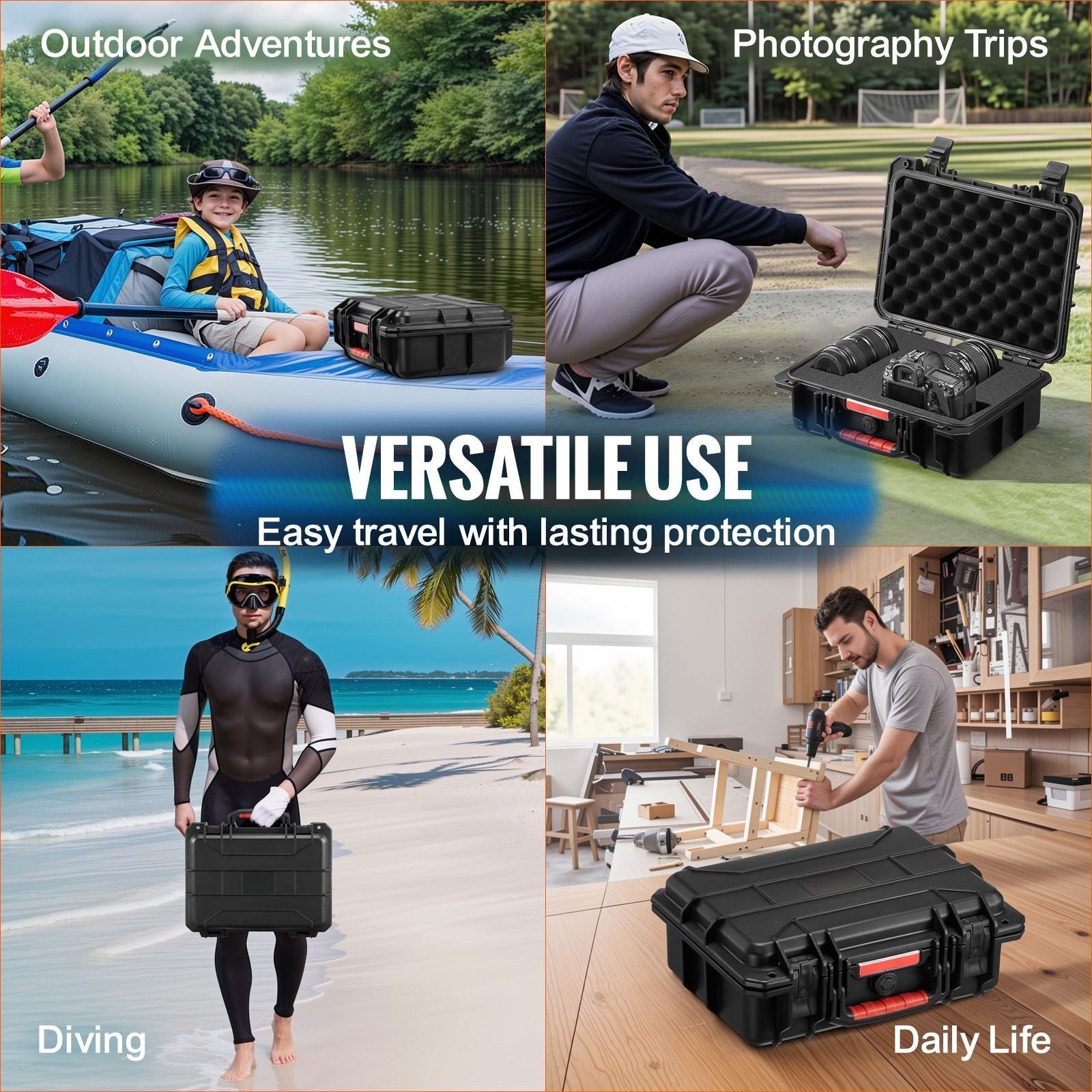 Weatherproof Hard Case, Heavy Duty Protective Dry Box Case with Pre-cut Foam, and Retractable Pull Handles for Travel, Hunting, Military, Tactical, IP67 Waterproof Case for Cameras (40x32x16.6)