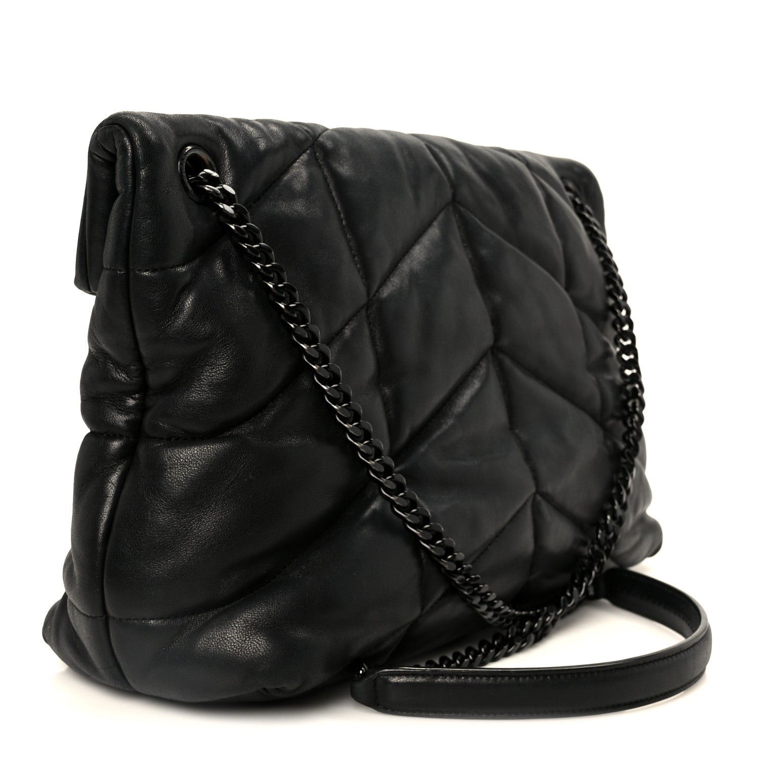 Lambskin Quilted Monogram Monochrome Medium Loulou Puffer Chain Satchel Black