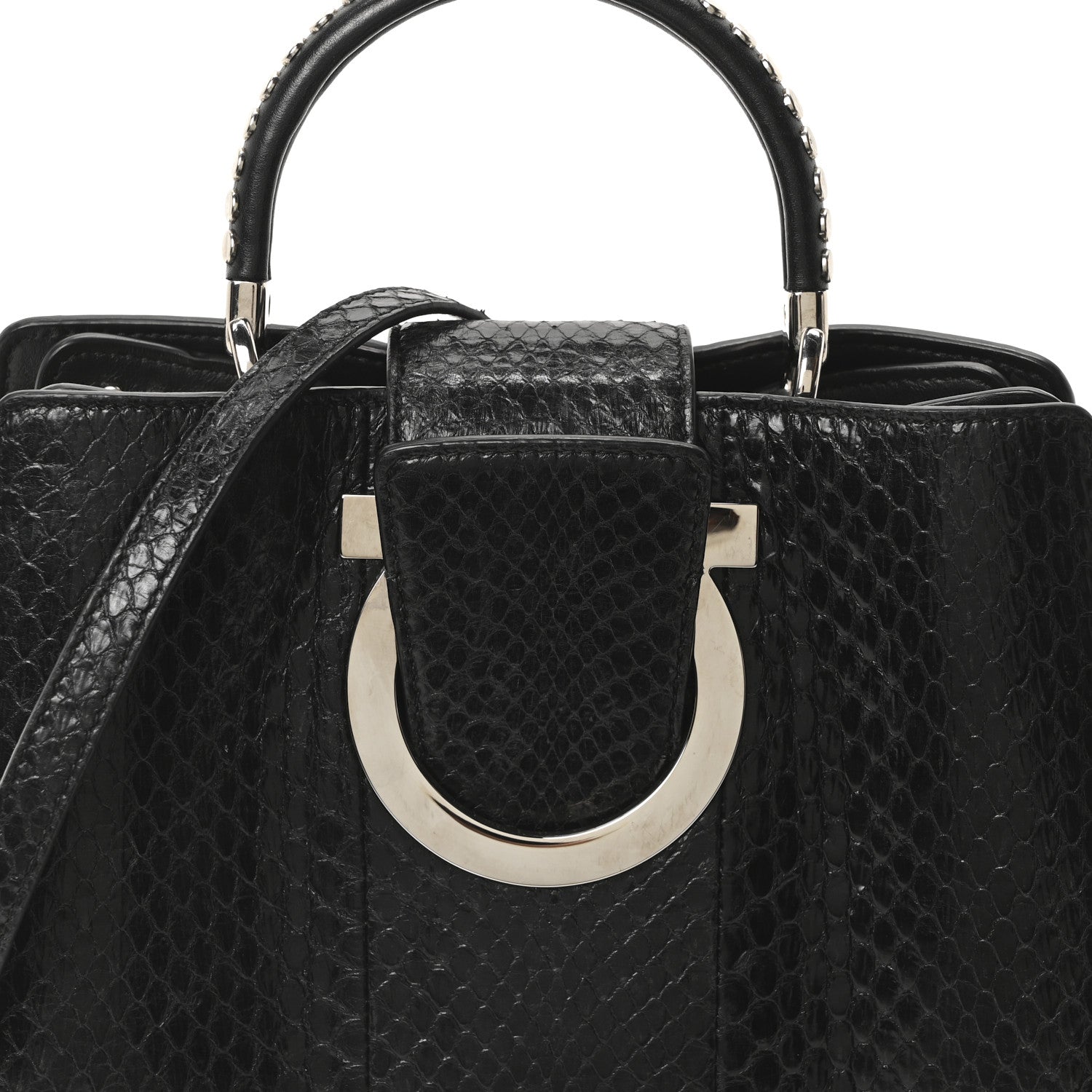 Snakeskin Studded Thalia Top Handle Black