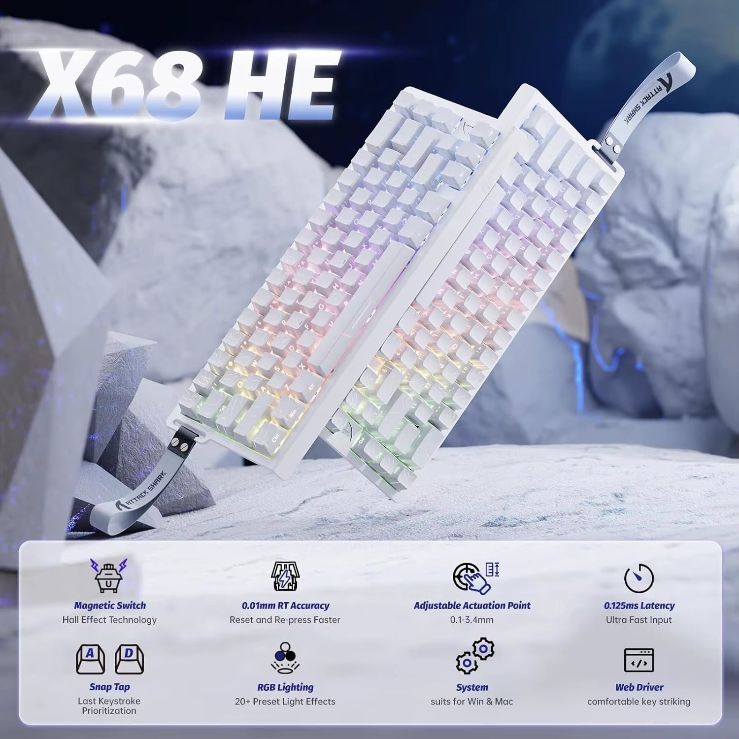 Attack Shark X68 HE Rapid Trigger 60% Wired Mechanical Gaming Keyboard with Adjustable Actuation and Hall Effect Magnetic Switch, 8KHz Response Rate - Moonlight