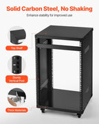 16U AV Rack, 200 lbs Max Capacity, Home Recording Studio Rack with Lockable Caster Wheels, Open Frame Server Cabinet, Special Vent Design, for 19-Inch Audio Video Musical & IT Equipment Mounting