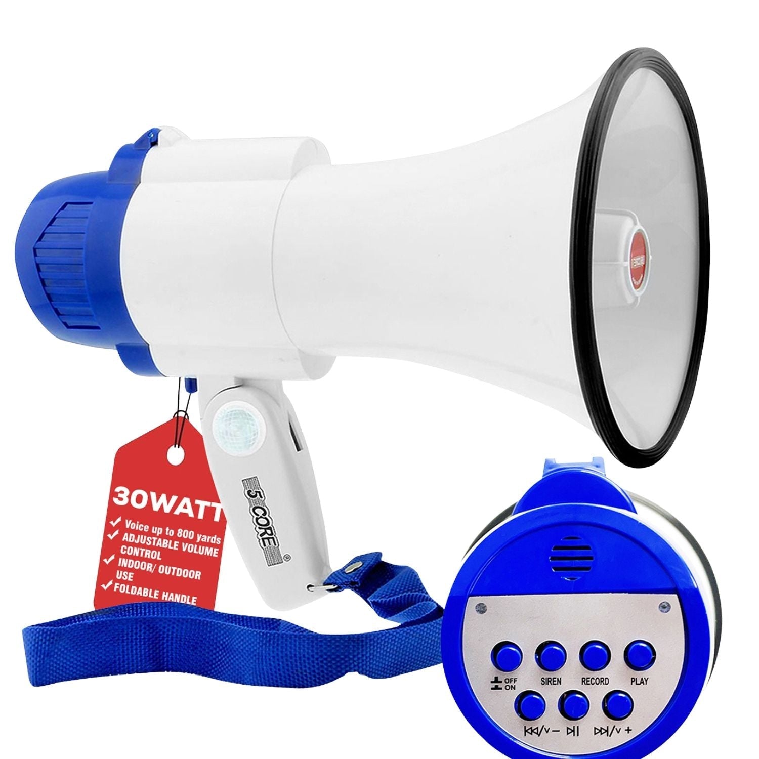 5 Core Megaphone 30W Bull Horn PA Speaker w 800 Yards Range Loud Siren Voice Amplifier Portable