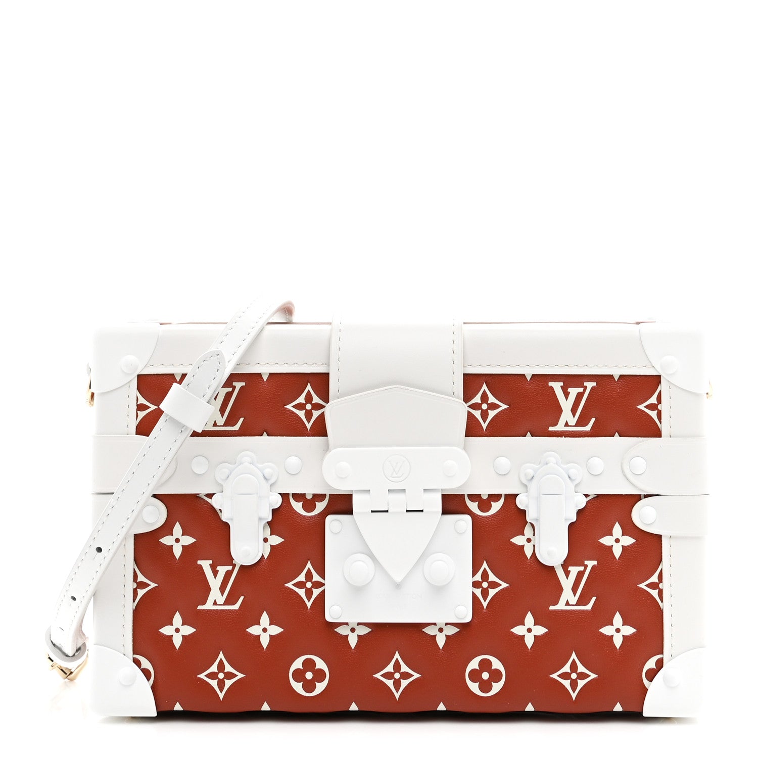 Lambskin Embossed Monogram Petite Malle Brown White